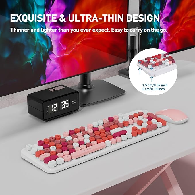 FOPETT 2.4GHz Wireless Keyboard and Mouse Set with Switch Button - Full-Size Keyboard - Compatible for Windows/Laptop/PC/Notebook/Smart TV and More - White Colorful