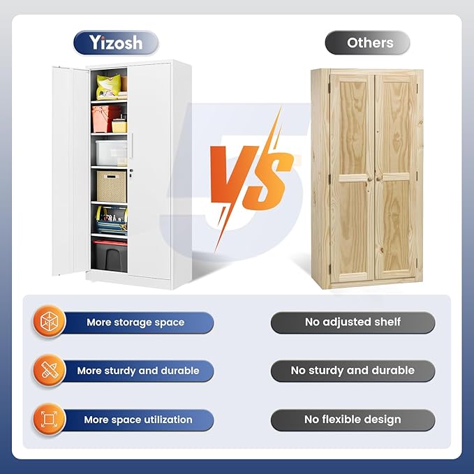Yizosh Metal Garage Storage Cabinet with 2 Doors and 5 Adjustable Shelves - 71" Steel Lockable File Cabinet,Locking Tool Cabinets for Office,Home,Garage,Gym,School (White)