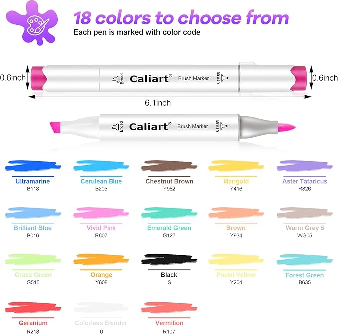Caliart 18 Colors Brush & Chisel Permanent Alcohol Markers, Dual Tip Artist Sketch Art Markers Set for Adult Coloring Book, Aesthetic Cute School Supplies, Pens for Drawing Coloring Illustrations