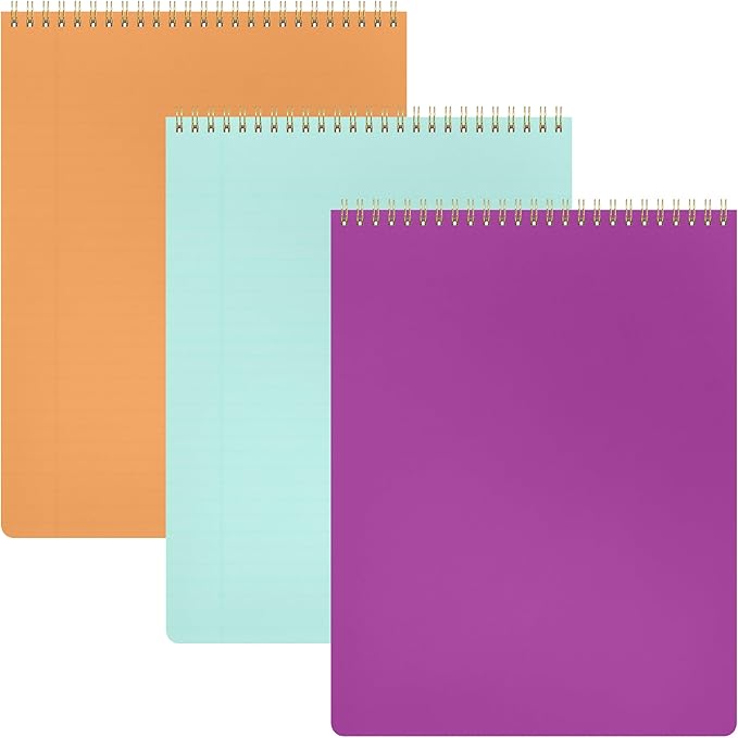 PAPERAGE Top Bound Spiral Notebook, 3 Pack, Lined Notepad, (Raspberry/Marigold/Mint), 70 Sheets (140 Pages) Per Notebook, Wide/Legal Ruled, 8.5 inches x 11 inches