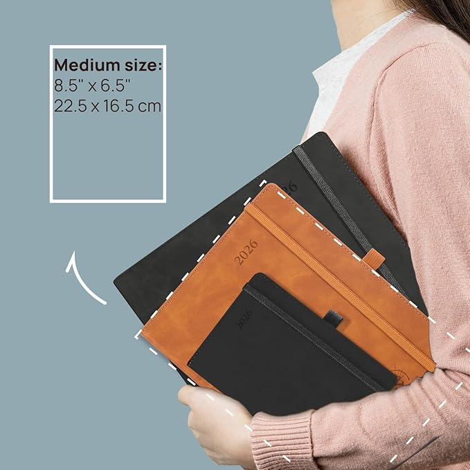 POPRUN Weekly Planner 2026 (Medium 6.5" x 8.5") Calendar 12 Months Notebook with Horizontal Layout, Leather Soft Cover, Monthly Tabs, Inner Pocket, 100GSM Thick Paper, Pen Holder - Claret