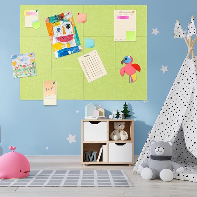 Large Cork Board Alternative, 12 Pack Felt Board with Safe Removable Adhesive Tabs Felt Wall Tiles, Large Cork Boards for Walls, Cork Board for Home Office, Pin Boards for Walls, Green