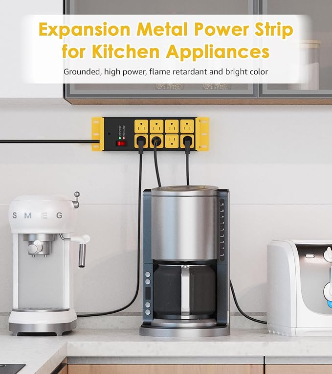 HHSOET 2 Pack Heavy Duty Power Strip 8 Outlets, Metal Wall Mount Outlet Strip 4800J Surge Protector, Garage Shop Under Desk Mountable 10FT Extension Cord Plug.