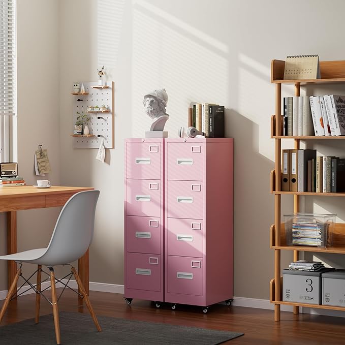 Aobabo 56" H 4 Drawer Moblie Office File Cabinet with Lock, Rolling Metal Filing Storage Cabinet, Legal/Letter A4 Size, Pink, Assembly Required