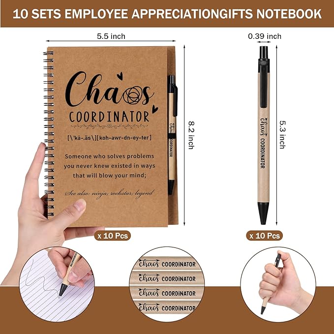 Nezyo 10 Sets Chaos Coordinator Gifts Employee Appreciation Week Notebook with Ballpoint Pen Spiral Notebook Teacher Appreciation Gifts Bulk for Women Men Journals Thank You Cowerker (Brown)