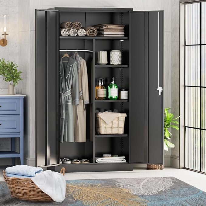 Greenvelly Metal Storage Wardrobe Cabinet with Doors, Black 72” Steel Wardrobe Closet, Employees Locker Closet Clothing Coat Steel Wardrobe Cabinet with Hanging Rod for Home Office Room School