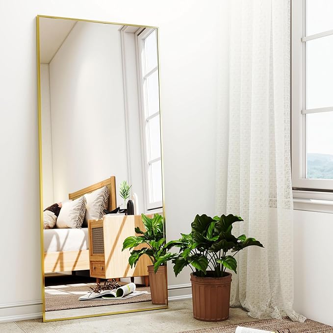 Full-Length Mirror, 24"x68" Floor Mirror with Stand, Wall-Mounted Mirror for Bathroom, Dressing Room - Hanging or Leaning - Full Body Mirrors for Bedroom, Gold