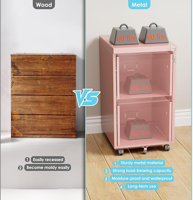 Aobabo 2 Drawer File Cabinet, Lockable Metal Filing Cabinet with Wheels for Home Office, Legal/Letter Size, Required Assembled,Pink