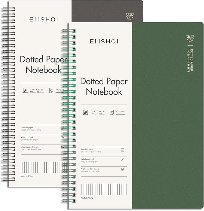 EMSHOI Dotted Journal Spiral Notebook 7.48" x 10.15" - 2 Pack 320 Pages 100gsm Thick Paper, B5 Dot Grid Notebook, Plastic Hardcover Journals for Writing Drawing Women Men Work School Supplies