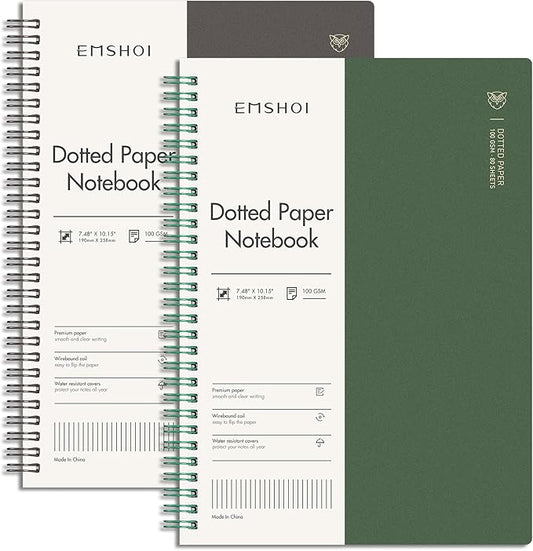 EMSHOI Dotted Journal Spiral Notebook 7.48" x 10.15" - 2 Pack 320 Pages 100gsm Thick Paper, B5 Dot Grid Notebook, Plastic Hardcover Journals for Writing Drawing Women Men Work School Supplies