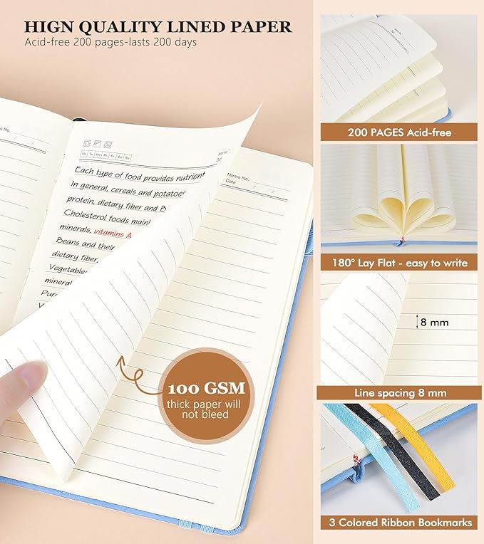 Lined Journal Notebook for Men & Women,200 Pages A5 Hardcover Leather Notebook (5.9"x8.5"), Travel Journal for Work, School, Business Writing, Note Taking, Notepad Diary (Blue)