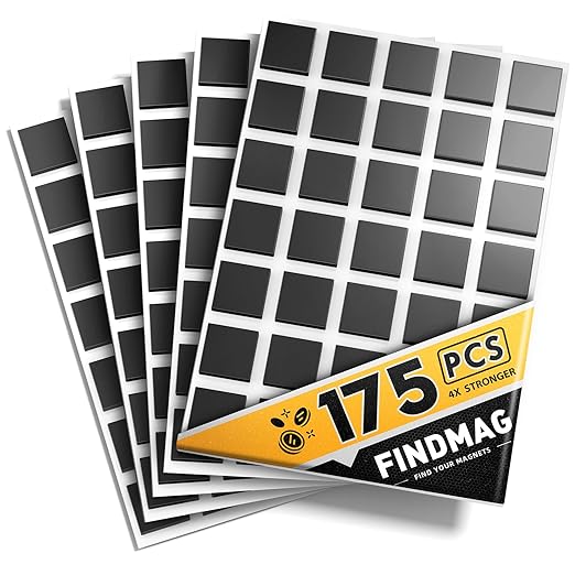 FINDMAG Magnetic Tape, 175 Pcs Square Magnets with Adhesive Backing, Flexible Magnetic Tape for Crafts, Magnetic Strip for DIY Projects, Hanging & Organizing Light Objects (Each 20x20x2mm)