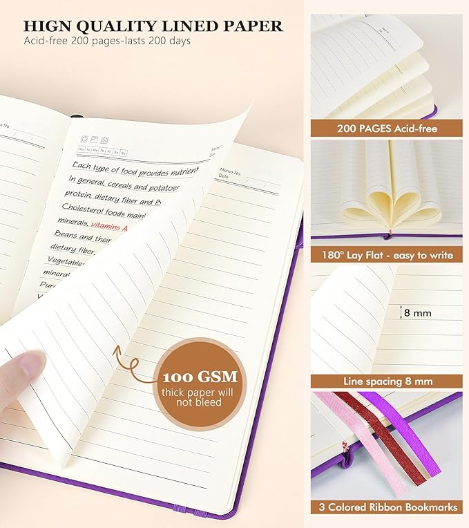 Lined Journal Notebook for Men & Women,200 Pages A5 Hardcover Leather Notebook (5.9"x8.5"), Travel Journal for Work, School, Business Writing, Note Taking, Notepad Diary (Purple)