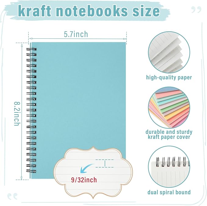 Fuutreo 12 Pcs Spiral Notebook for Work A5 8.3 x 5.7 Inch College Ruled Spiral Journal Notebook Kraft Cover Ruled Paper, 12 Color, 60 Sheets, 120 Pages for Office School(Candy Color)