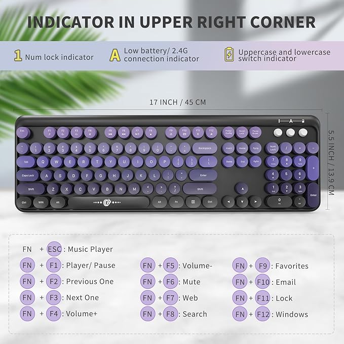 FOPETT Wireless Keyboard and Mouse Combo, 104 Keys Full-Sized 2.4 GHz Round Keycap Colorful Keyboards, USB Receiver Plug and Play, for Windows, Mac, PC, Laptop, Desktop (Black Purple)