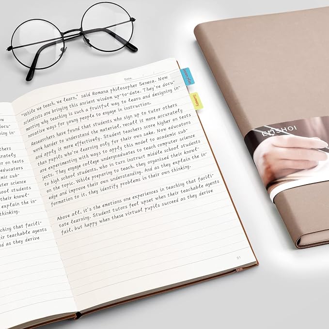 EMSHOI College Ruled Composition Notebook - Large B5 Notebook Lined Journal Leather with Free Sticky Notes, 204 Numbered Pages,100gsm Thick Lined Paper, Softcover, 7.5"x10"-Khaki