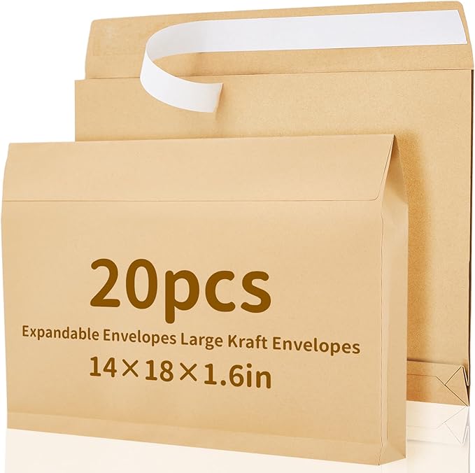 20 Pcs 14 x 18 x 1.6 Inch Large Expandable Catalog Envelopes Manilla Kraft Peel and Seal Envelopes Light Large Mailing for Office Home Documents Magazines Photos Storage Organizing(Brown)