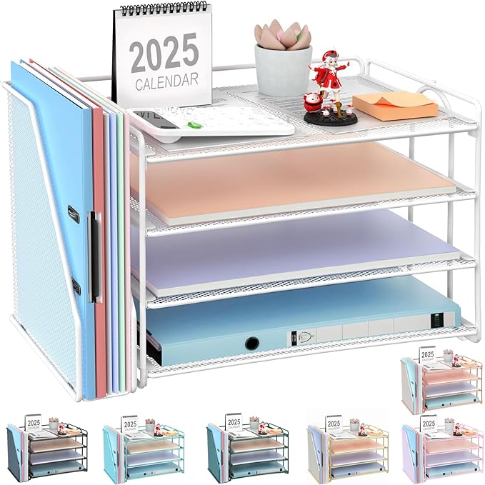 gianotter 4-Tier Paper Organizer With Magazine Holder, Desk Organizers and Accessories, White Desk Accessories, File Organizer for Office Supplies Storag(White)
