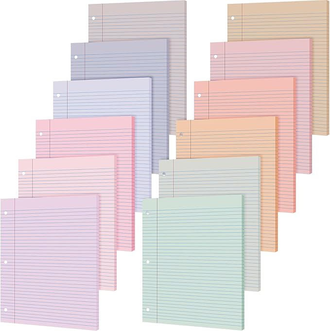 PerKoop 12 Pack 600 Sheets Colored Lined Paper Bulk Wide Ruled 8 x 10.5 Inches, Pastel Loose Leaf Notebook Paper 3 Hole Punched Filler for Back School Classroom Supplies(Fantasy Color)