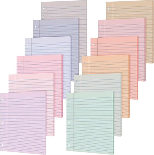 PerKoop 12 Pack 600 Sheets Colored Lined Paper Bulk Wide Ruled 8 x 10.5 Inches, Pastel Loose Leaf Notebook Paper 3 Hole Punched Filler for Back School Classroom Supplies(Fantasy Color)