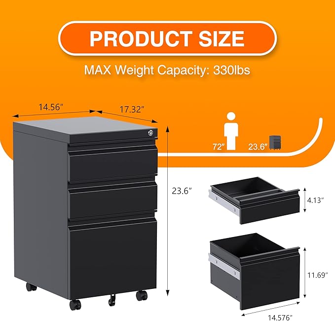 Aobabo Steel 3 Drawer Mobile File Cabinet with Lock, Under Desk Metal Filing Cabinet, 23.6''H A4/Legal/Letter Size Fully Assembled Except Wheels, Black