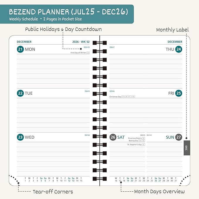 BEZEND Pocket Planner 2025-2026 Weekly and Monthly, 3.5" x 6" Academic Planner (Jul 25-Dec 26) 18-Month Mid-Year Calendar Book, Storage Pocket, Pen Holder, PU Leather Softcover, Spiral - Dark Green