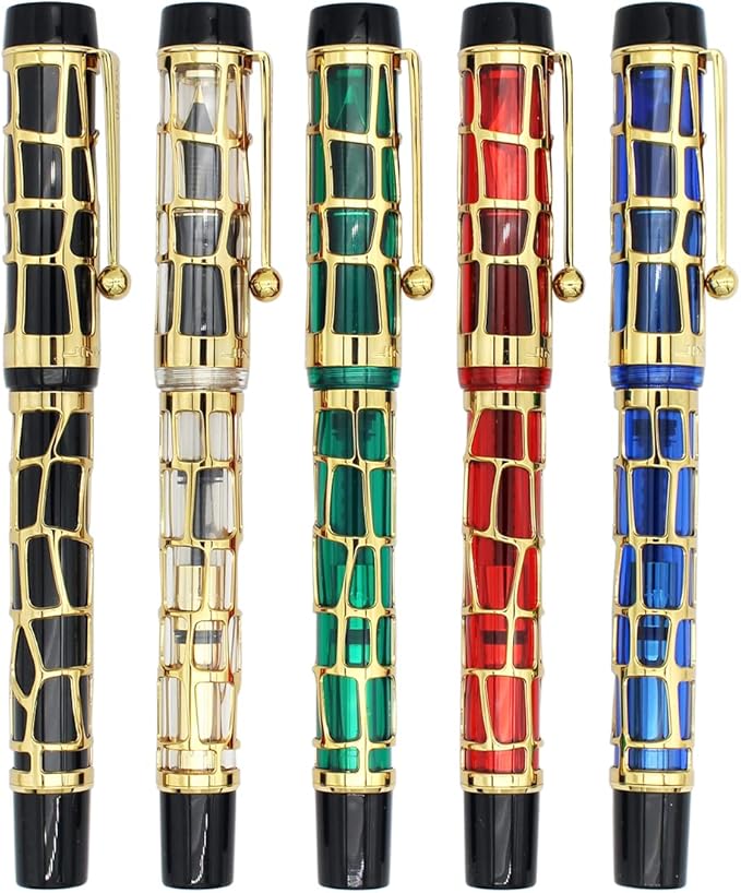 Gullor Century 100 Fountain Pen, Skeleton Hollow-out Series Golden, Screw-Cap, Fine Nib, Transparent Red
