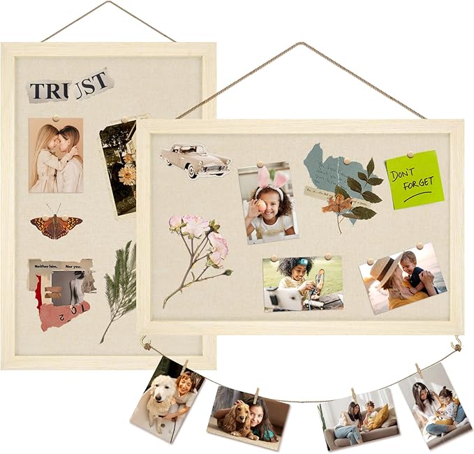 Egofine Cork Board Bulletin Board with Linen, 16x11 Wood Frame Pin Board Wall Decor, 2 Pack Cork Boards for Walls, Hanging Horizontal or Vertically for Office Home Decor School Kitchen, Natural Wood