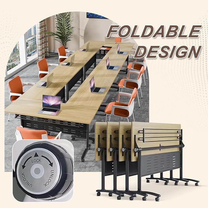 Folding Conference Room Table, Modern Conference Tables with Wheels, Large Rectangular Mobile Training Tables for Office Classroom, Foldable Modular Boardroom Seminar Table Maple (6pack L55.1in)
