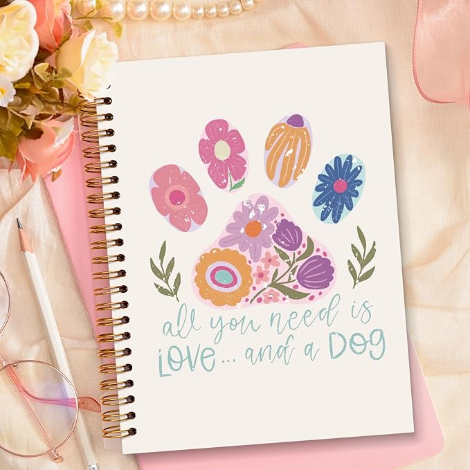 JXREQ Cute Pink Floral Dog Paw Notebook Journal for Women Dog Lovers Gifts, Cute Notebooks for Note Taking Writing, All You Need Is Love and a Dog Spiral Notebooks 5.5x8.3