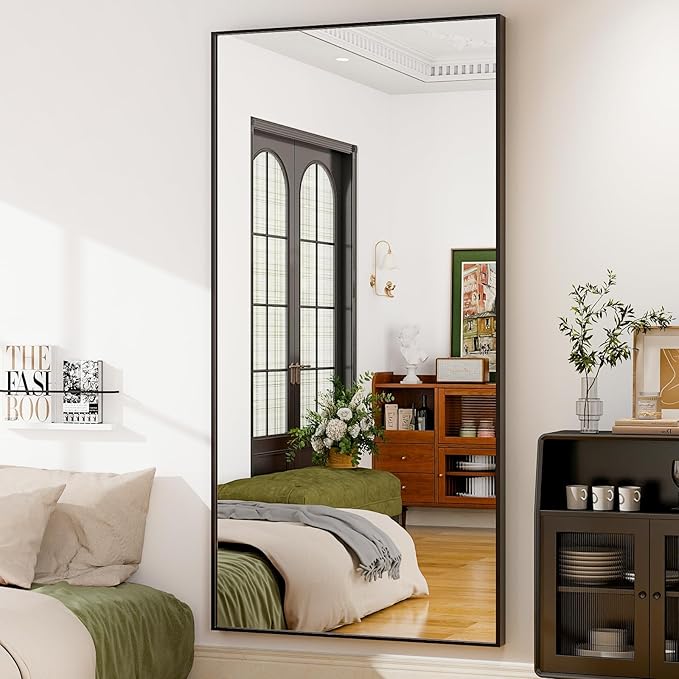GLSLAND 76"x34" Full Length Mirror Extra Large Hanging or Leaning Rectangle Mirror Aluminum Alloy Thin Frame Bedroom Floor Dressing,Black