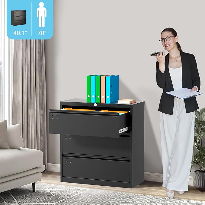 40inch Steel 3 Drawer Lateral Filing Cabinet - Lockable Metal Filing Storage, Home Office Organization, Fits Hanging Letter/Legal/F4/A4, Durable 0.6MM Coated Steel (Black)