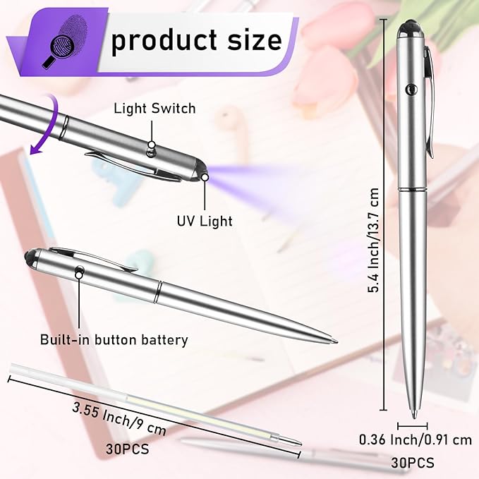 Invisible Ink Pen 30 Pcs Spy Pen with UV Light Magic Marker Pens for Secret Message and Birthday Party, Writing Secret Message for Halloween Christmas Party Bag Gift, with 30 Replaceable Pen Refills