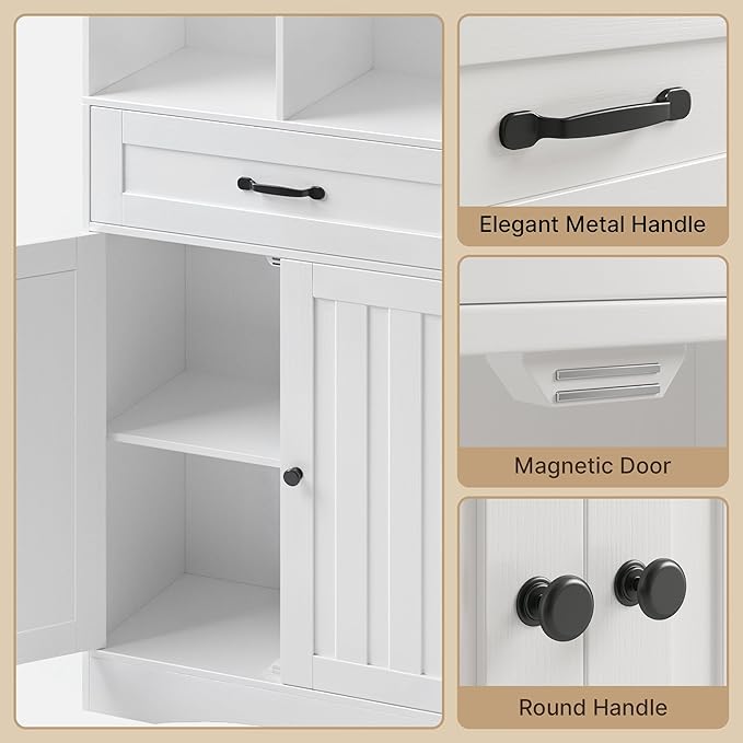 Gizoon Storage Cabinet, 71'' H Kitchen Storage Cabinet with Doors & Drawers, Kitchen Pantry with Adjustable Shelves, Anti-tip, Metal Handle, for Living Room, Office, Bathroom, White