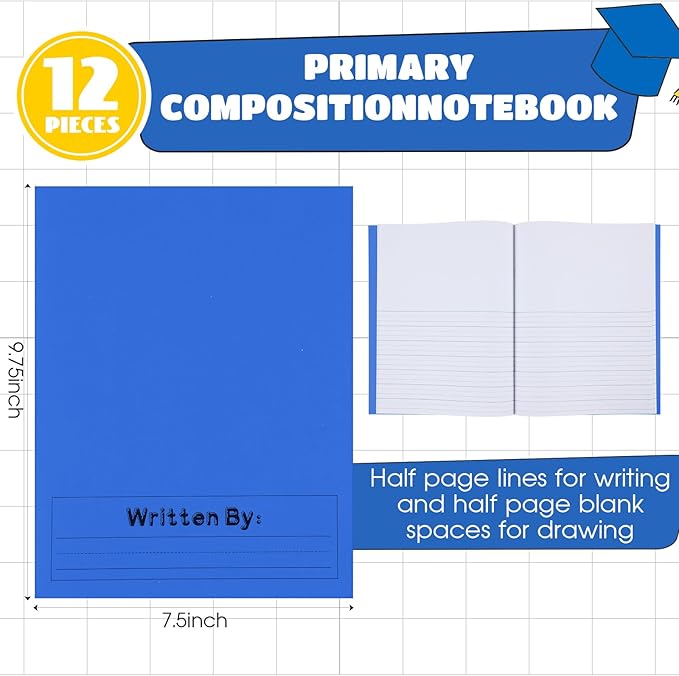 Henoyso 12 Pcs Primary Composition Notebook K-2 9 3/4 x 7 1/2 Inch Primary Journal, Back to School Supplies, Bulk Blank Writing Book for Kid to Write Draw Journal 60 Page Notebooks (Royal Blue)