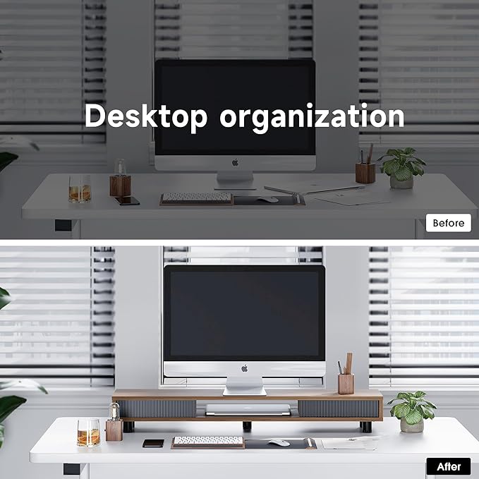 Fenge Dual Monitor Stand, 42.5inch Long Monitor Stands Riser for 2 Monitors, Sliding Door with Storage Organizer Stand for Desk, 2 Tier Desk Shelf for Laptop, Pc, Printer, Computer, TV