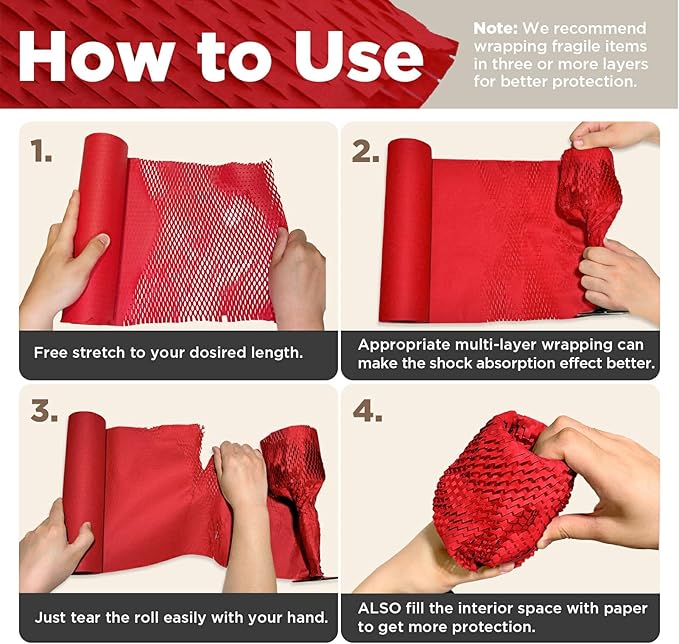 Honeycomb Packing Paper, 12"x200' Red | Perforated Honeycomb Packing Paper Recyclable Moving Supplies for Shipping & Moving | Plastic-Free Alternative to Bubble Cushion Wrap with 36 Fragile Stickers