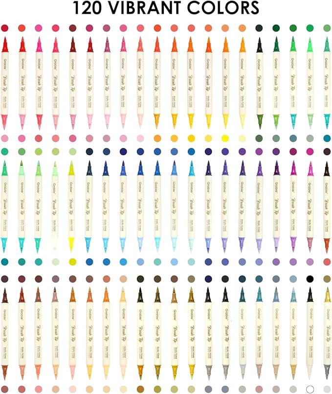 Grabie 120 Colors Dual Tone Brush Tip Acrylic Markers, Dual-Color Paint Markers with 60 Brush Tips, Double Tipped Acrylic Paint Pens for Fabric, Canvas,DIY, Canvas Art Supplies