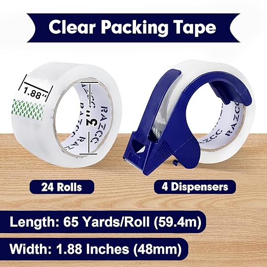Packing Tape, 24 Rolls Clear Heavy Duty Packaging Tape with Dispensers for Packing Shipping Moving Mailing, Thicker Sealing Tape -1.88" x 65 Yards Per Roll, 1560 Total Yards