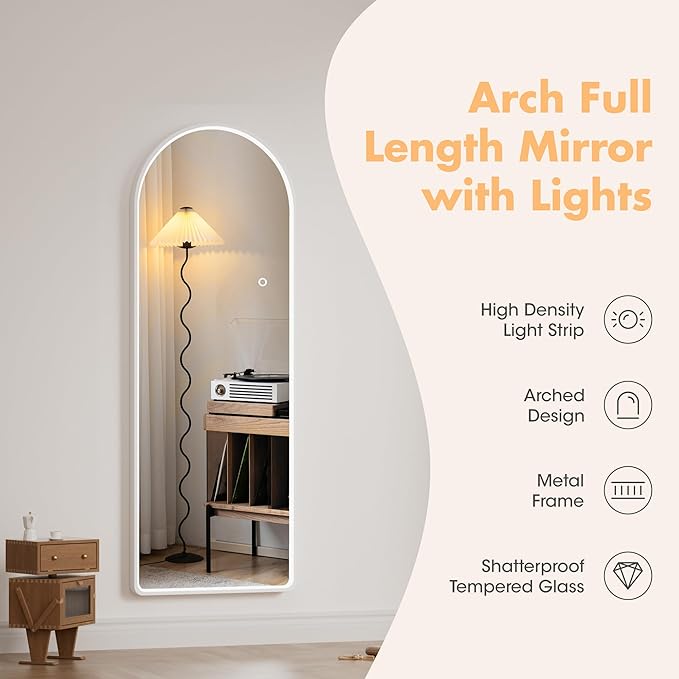 Hasipu 65" X 24" Full Length Mirror with Lights, White Frame Arch Led Mirror Full Length and 3 Colors Temperatures & Brightness Adjustable,Light Up Mirror Full Body for Bedroom Cloakroom Living Room