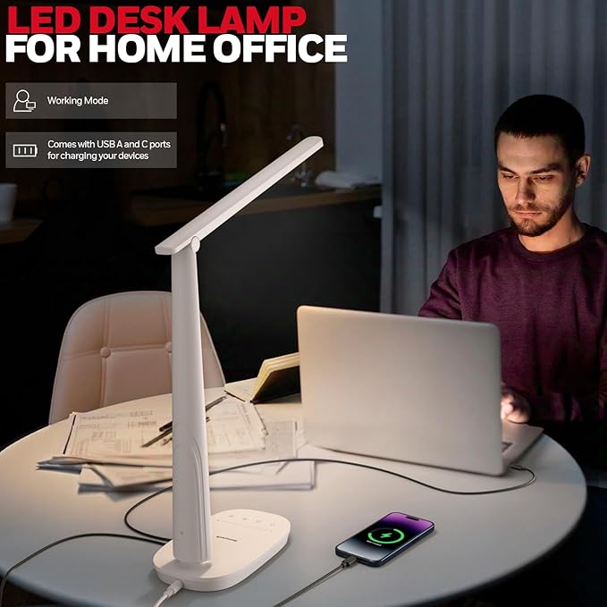 HONEYWELL Desk Lamp for Home Office, Dimmable LED Desk Light with USB A+C Dual Charging, 4 Modes Brightness Touch Lamp with Timer, Eye Caring Foldable Reading Light, Table Lamp for Study Nightstand