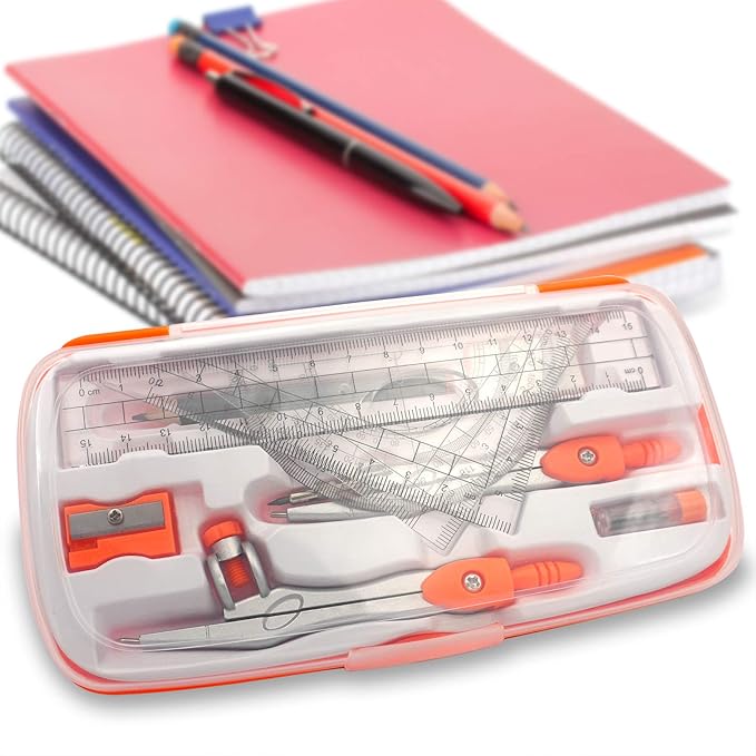 Geometry Compass Set 2 Drafting Compasses with Maths Protractor Set Squares Ruler and More for Students Starters Homework etc. Orange