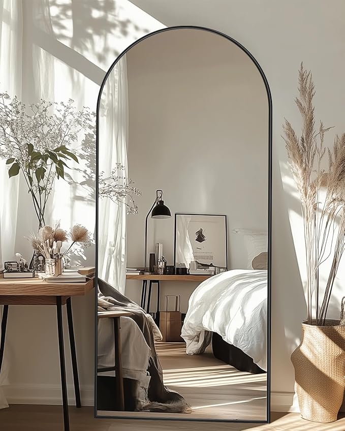 Full-Length Floor Mirror with Stand, 58"x21" Arched Style Full Body Standing Mirror for Bedroom, Living Room, Gym, Dorm - Shatter-Resistant & Easy Assembly, Black