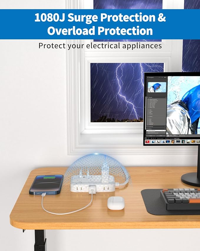 Flat Extension Cord 15 ft, NTONPOWER Surge Protector Power Strip with 6 Widely Outlets 4 USB Ports(2 USB C), Flat Plug, Wall Mounted, Side Outlet Extender for Indoor, Home Office, Dorm Room Essentials