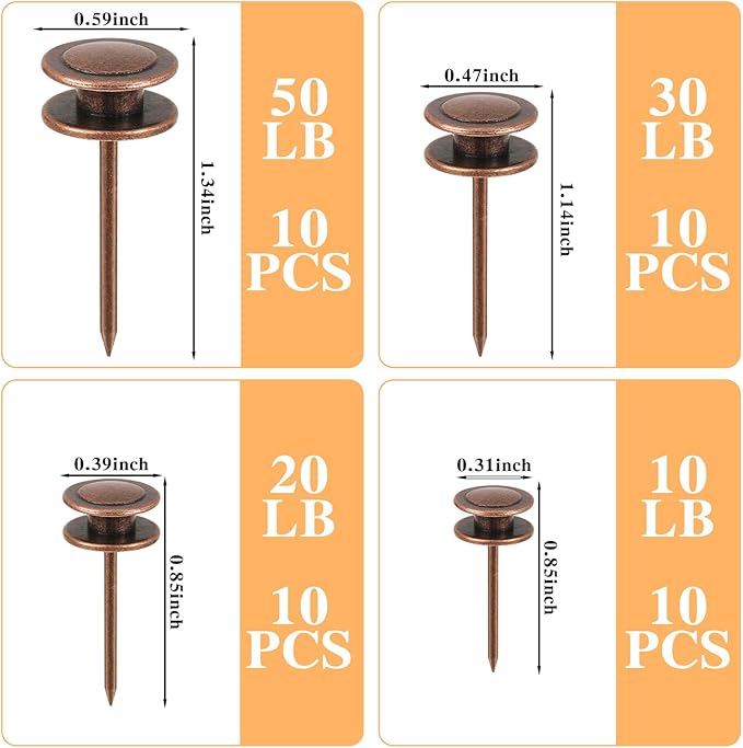 Ferraycle 40 Piece Double Headed Picture Hangers Nails 4 Size Long Thumb Tacks for Wall Hanging Decorative Nails Push Pins Picture Hooks for Drywall Photo Decor, 10/20/ 30/ 50lb(Red Antique)