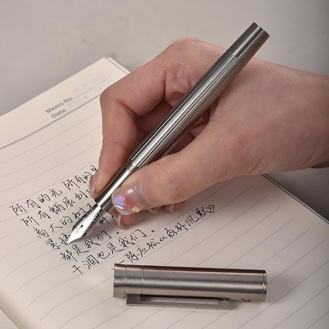 Hongdian T1 Titanium Fountain Pen, Iridium Fine Soft Nib Chinese Knot Carving with Converter and Metal Case Set