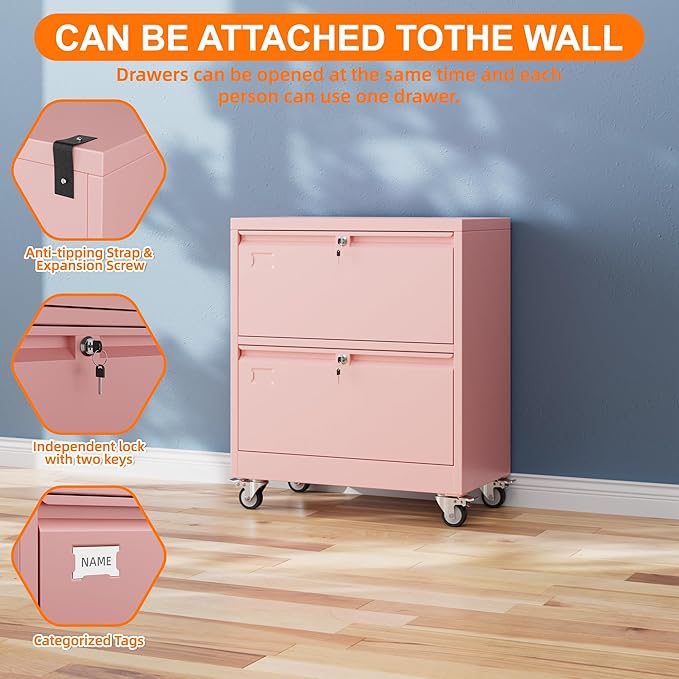 Aobabo Metal 2 Drawer Lateral File Mobile Cabinet with 2 Lock, File Cabinet with Wheels and Adjustable File Bars for Office, Home, for Letter/Legal Size, Pink, Assembly Required