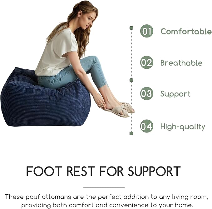 HIGOGOGO Square Stuffed Pouf Ottoman, Corduroy Poufs with Foam Chunk Filling, Furry and Fluffy Pouf Foot Stool Storage Ottoman, 25.6 X 25.6 Floor Poufs Foot Rest for Living Room, Navy