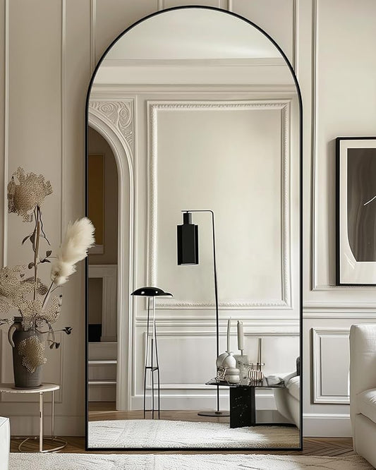 Full-Length Floor Mirror with Stand, 76"x34" Arched Style Full Body Standing Mirror for Bedroom, Living Room, Gym, Dorm - Shatter-Resistant & Easy Assembly, Black