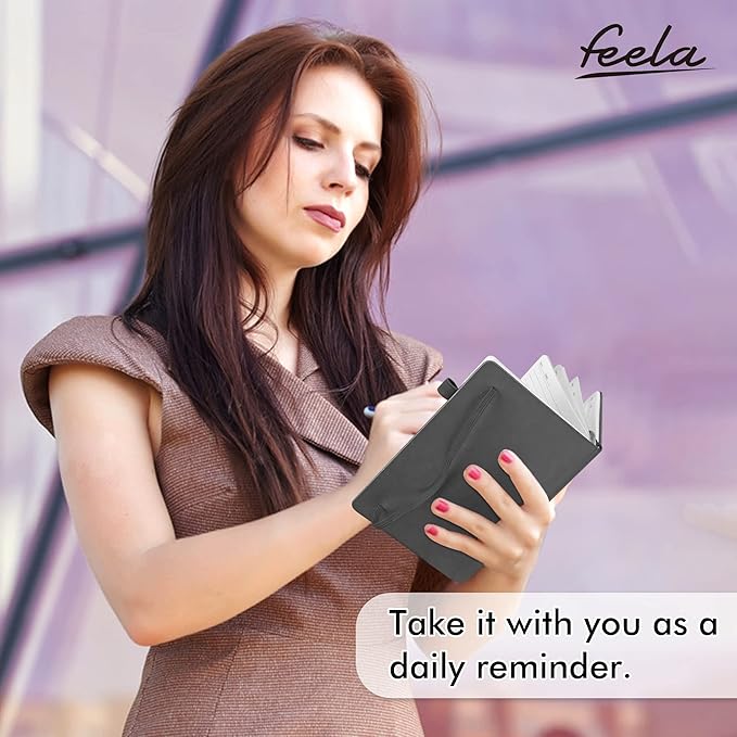 feela 3 Pack Notebooks Journals Bulk with 3 Black Pens, A5 Hardcover Notebook Classic Ruled Lined Journal Set with Pen Holder for Work Business Journaling Note Taking, 120 GSM, 5.1”x8.3”, Gray